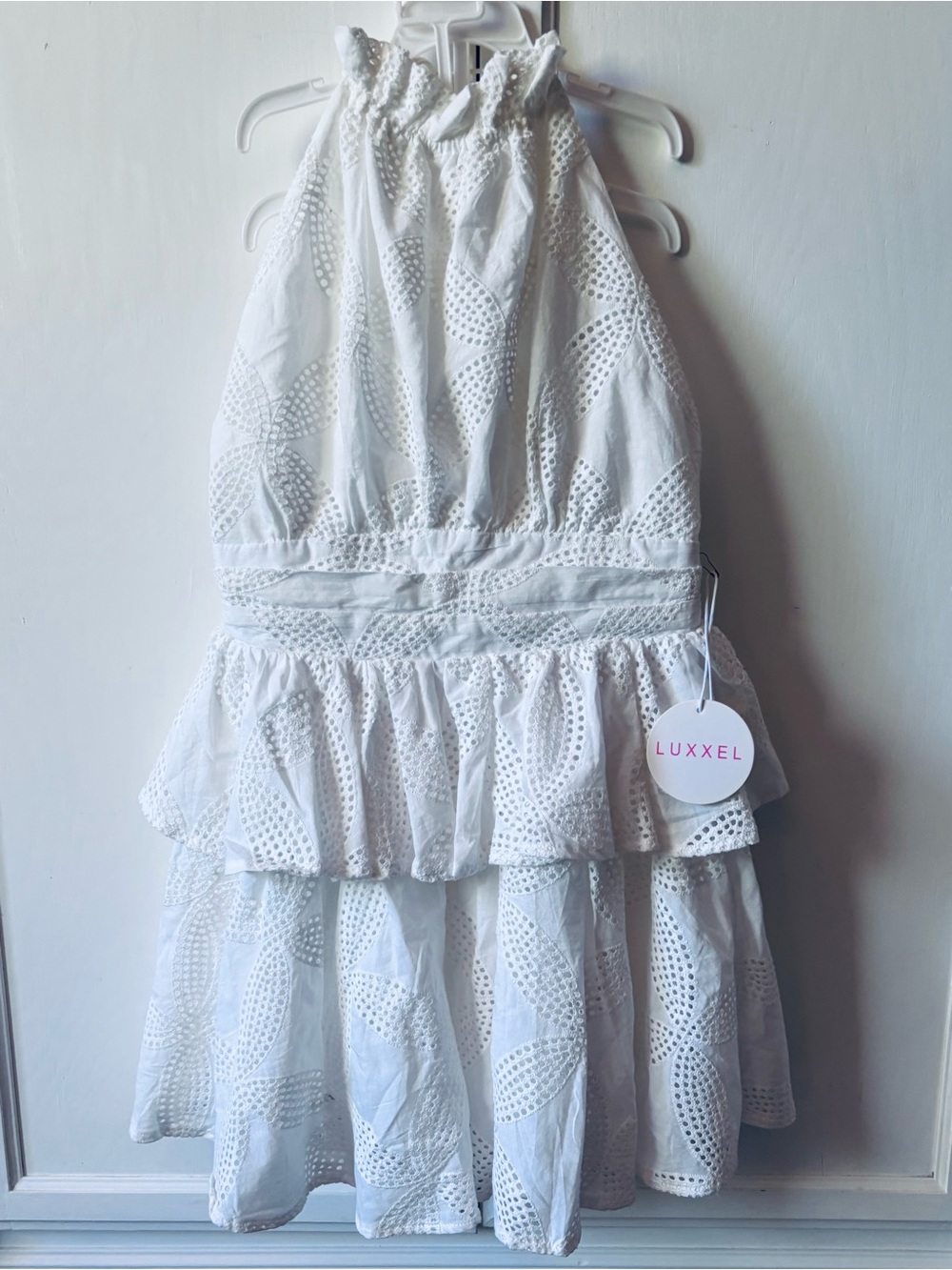 Luxxel White Eyelet Halter Backless Tiered Ruffle Dress - Picture 2 of 3